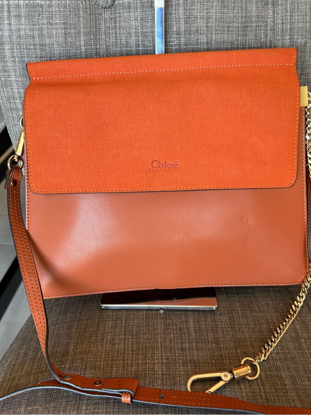 Orange Leather & Suede Shoulder Bag
